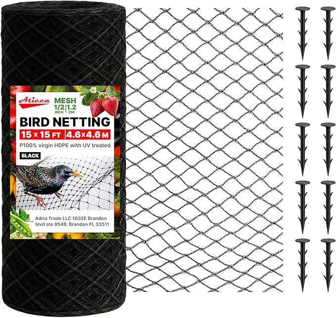 ATICCA Heavy Duty Bird Netting for Garden Protection & Fruit Trees, 15x15 Ft with 10 Stakes â Black Anti-Bird Net for Poultry, Deer, & Squirrel Protection, Durable Nylon Mesh for Garden and Yard Use