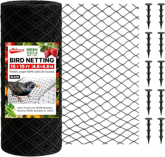 ATICCA Heavy Duty Bird Netting for Garden Protection & Fruit Trees, 15x15 Ft with 10 Stakes â Black Anti-Bird Net for Poultry, Deer, & Squirrel Protection, Durable Nylon Mesh for Garden and Yard Use