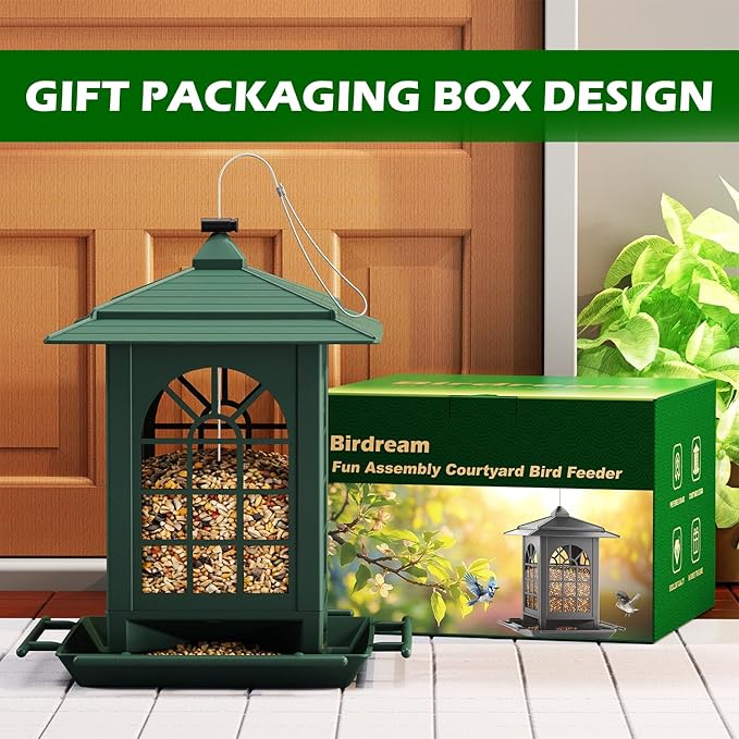 Birdream Bird Feeders for Outdoor Hanging, Assembly Required, 1-Min Easy Setup, Classic Courtyard Design, Attracting Cardinals Chickadees Goldfinches & Sparrows - Green