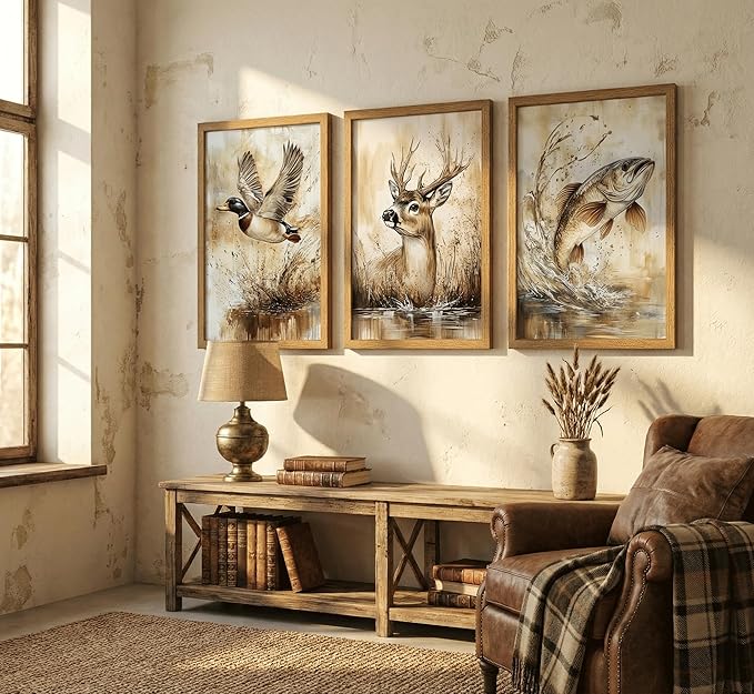 3Pcs Framed Rustic Outdoor Wildlife Canvas Wall Art,Watercolor Deer Duck And Fish Wall Decor Pictures,Vintage Farmhouse Hunting Posters Prints,for Living Room Bathroom Kitche Home Decoration
