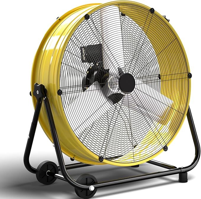 24 Inch Industrial Drum Fan, 8800 CFM High Velocity floor Fan, Heavy Duty, 3-Speed, 360Â° Fully Adjustable Tilt, Portable Wheels & Handle for Commercial, Warehouse, Garage, Workshop, Gym-ETL Certified