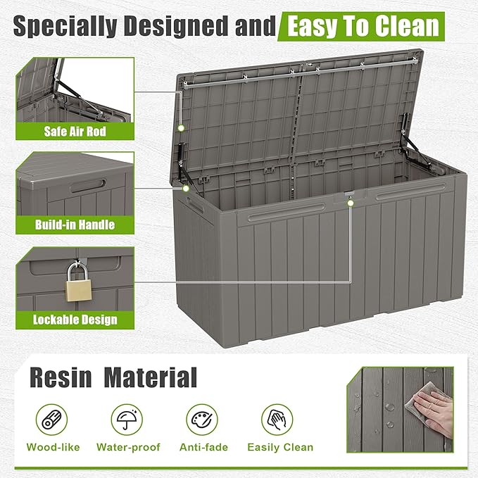 Flamaker Resin Deck Box 100 Gallon Large Lockable Outdoor Storage Box Waterproof Deck Chest for Patio Cushions, Garden Tools, Accessories (Brown)