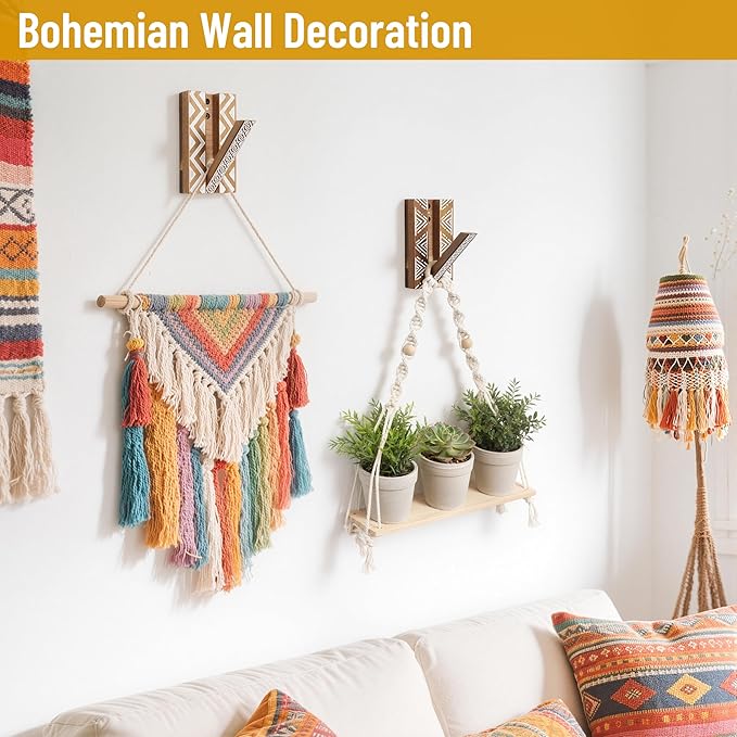 Boho Foldable Wall Hooks: Decorative Wooden Coat Hooks 2Pack Mounted