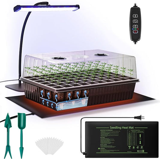 DazSpirit 60-Cell Self-Watering Seed Starter Kit with Grow Light and Heat Mat, Seedling Tray with Humidity Dome, Indoor Plant Germination Tray for Beginners - Grow Tomatoes, Peppers, Herbs & Flowers