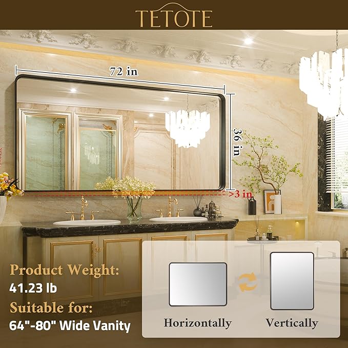 TETOTE 72 x 36 Inch Black Bathroom Mirror, Rectangle Matte Metal Frame Wall