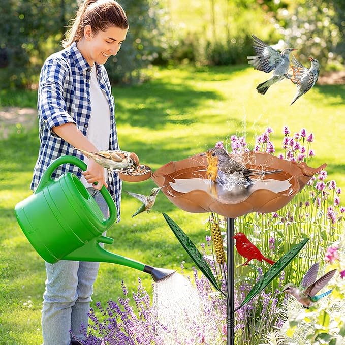 Bird Baths for Outside, Flower Metal Bird Feeder Water Bowl with 5 Prongs Base, 33.5" Freestanding Garden Birdbaths for Outdoors Patio Yard Lawn Art Decor