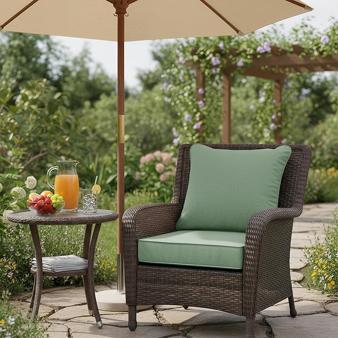 Summsun Outdoor Cushions for Patio Furniture, Faux Linen Water Resistant Backrest and Deep Seat Cushion Set with Removable Cover, Straps, Non-Slip Bottom, 24 x 24 Inch, Sage Green