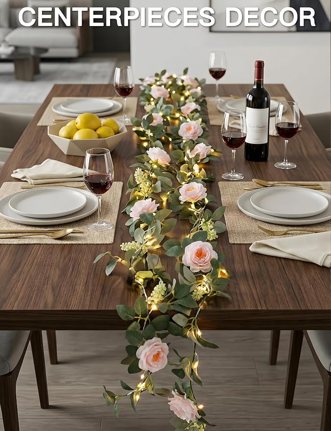 suddus Flower Garland with Pink Camellia Fairy Lights Indoor, 60 LED Vines