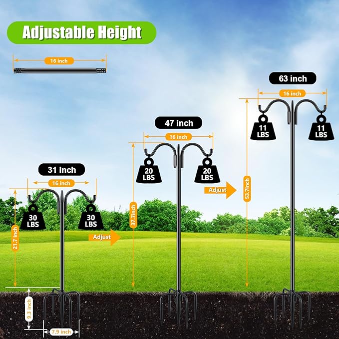 Gtongoko Bird Feeder Pole for Outdoors Heavy Duty, 63 Inch Double Shepherds Hook with 5-Prong Stable Base, 5/8 Inch Thick Hummingbird Feeder Stand for Hanging Plants, Lanterns, 1 Pack