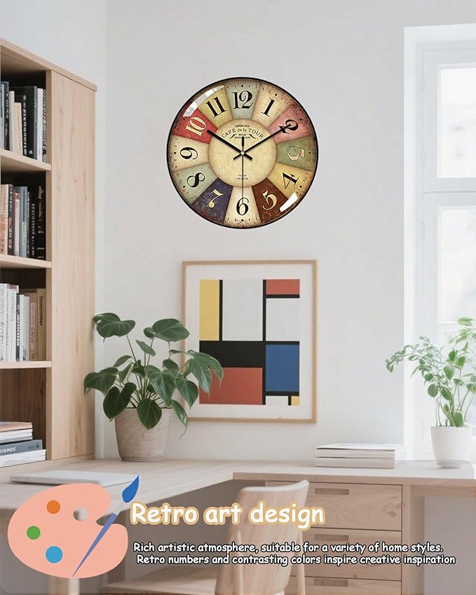 Vintage Wall Clock-12 Retro Rustic Style Quartz Clock, Silent Non-Ticking