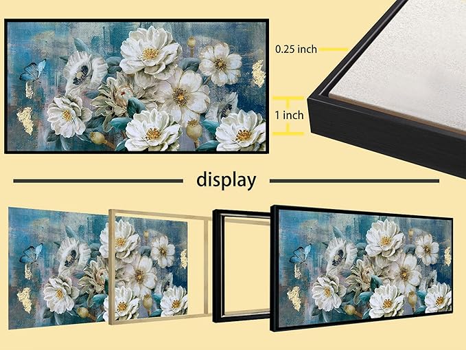 Arjun Large Black Framed Flower Canvas Wall Art for Living Room White Elegant Modern Painting for Bedroom Textured Gold Foil Turquoise Picture Floral Teal Artwork Home Office Decor, 48"x24"