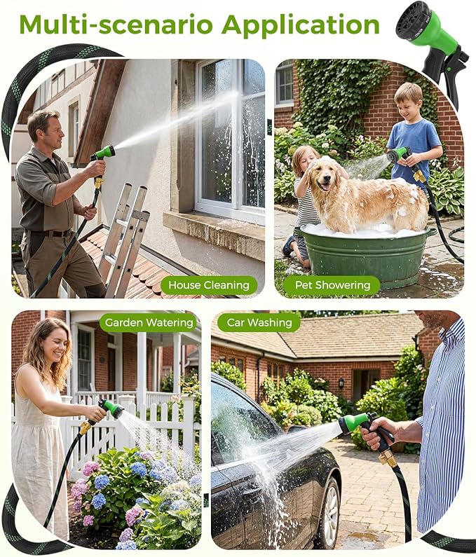 100ft Garden Hose, Non-Expandable Water Hose with 8 Function Spray Nozzle, Lightweight, Knik-Free, Burst-Resistant, Durable & Flexible 3/4" Garden Hose for Lawn, House Cleaning, Car Washing