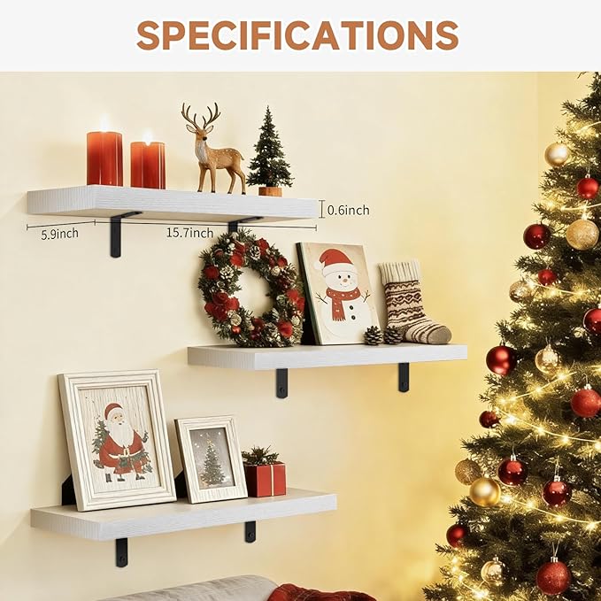 Easy Install Floating Shelves, 15.7 Inch Wall Mounted Wood Shelf, Hanging Shelf