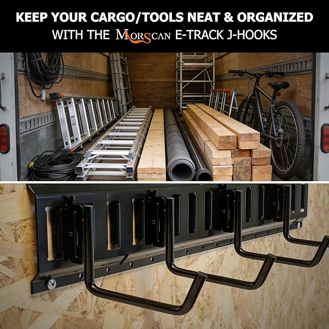 10-Pack 6" E-Track Extended Flat J Hooks, Heavy Duty E Track Ladder Hooks, Black Steel E System Tie Down Accessories for Box Truck, Enclosed Trailer, Garage, Vans, Warehouse, Workshop