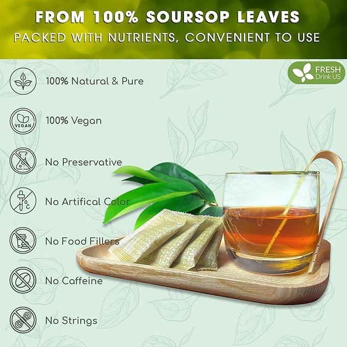 FreshDrinkUS, 150 Premium Soursop Graviola Leaf Tea Bags, 100% Natural and Pure, Hand-made, Made With Natural Materials-Corn Fiber Tea Bag, Sugar/Caffeine/Gluten Free, Hoja Guanabana Tea