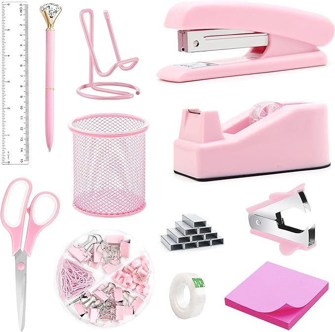 Pink Office Supplies, Pink Desk Accessories, Stapler, Staple Remover, Tape Holder, Pen Holder, Ballpoint Pen, Scissor, Binder Clips, 1000pcs Staples, Phone Holder, Ruler, Transparent Glue and Notes