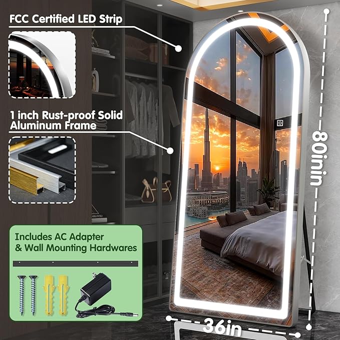 FENNIO Full Length Mirror with Lights, Free Standing Lighted Floor Mirror