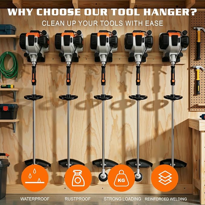 Housolution 8" Trimmer Rack with Rubber Coating, [4 Pack] Heavy Duty Weed Eater Hanger, Garden Power Tool Holder Organizer Hooks for Grass Trimmer, Hedge Trimmer, Garden Tool, Leaf Blower, Chainsaw