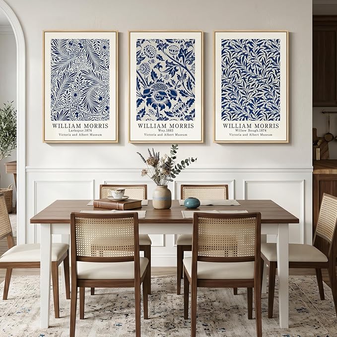 Large Framed Blue William Morris Wall Art Set of 3, Vintage Botanical Floral