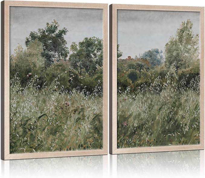 Framed Vintage Canvas Wall Art Nature Scenery Tranquil Outdoor Greenery Poster Picture Countryside Painting Natural Landscape Modern Home Print Living Room Gallery Ready to Hang 12x16 inches x2