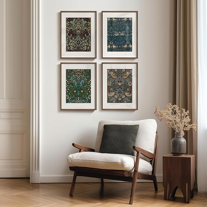 Framed William Morris Wall Art Set of 4, Vintage Botanical Floral Bird Prints