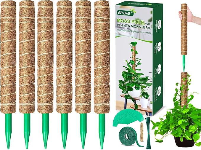 EAONE Moss Pole 126 Inch, 6 Pack 21" Monstera Plant Support for Climbing Potted Live Plants Indoor, Stackable Coco Coir Moss Sticks Monstera Stakes for Pothos Philodendron, with Garden Labels & Ties