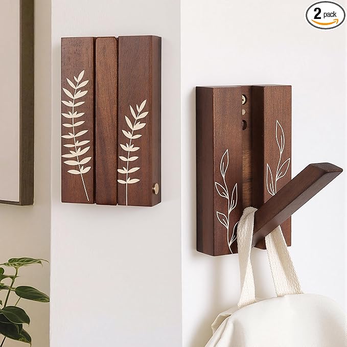 Rustic Folding Wall Hooks: Decorative Wooden Coat Hooks 2Pack Mounted
