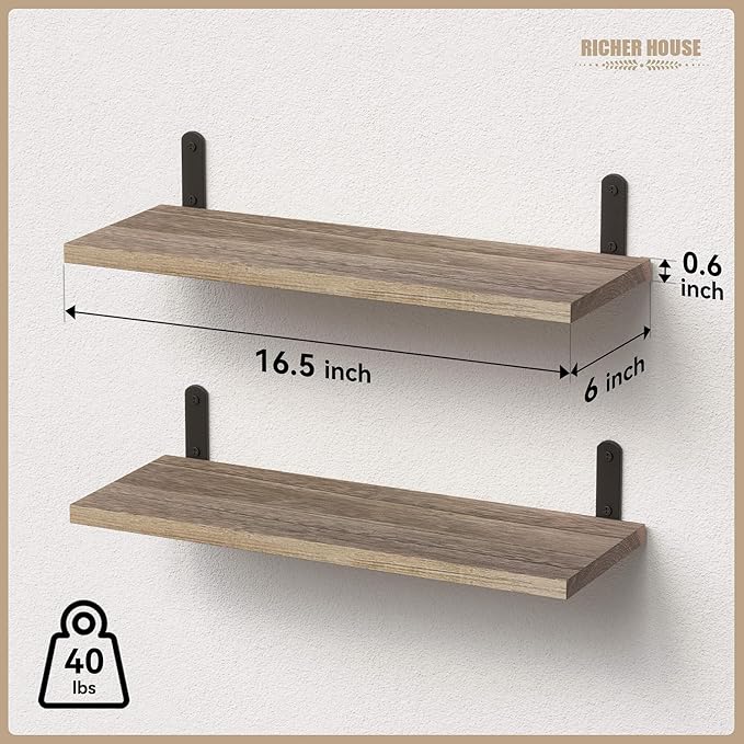 RICHER HOUSE Rustic Wood Shelves Set of 2, Farmhouse Style Floating Shelf