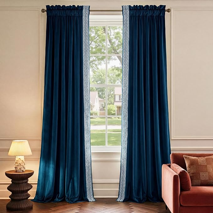 NICETOWN Rod Pocket Embroidered Trim Velvet Curtains, 2 Panels, Velvet Curtains