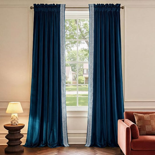 NICETOWN Rod Pocket Embroidered Trim Velvet Curtains, 2 Panels, Elegant Window