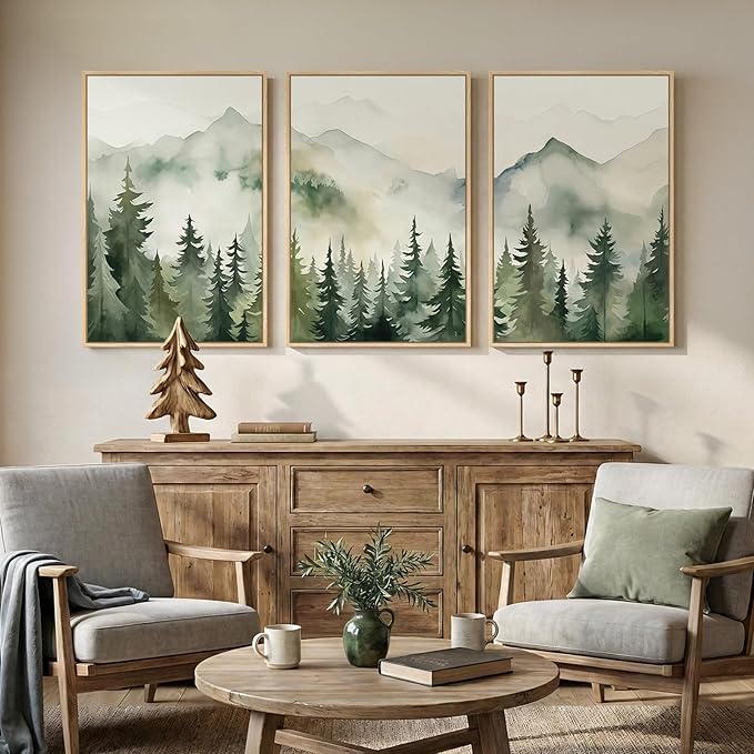 Large Framed Green Forest 3 Piece Wall Art for Living Room, Abstract Landscape Foggy Mountain Print Canvas Artwork for Walls, Modern Nordic Rustic Nature Wall Decor for Bedroom Home Office, 24x36 Inch