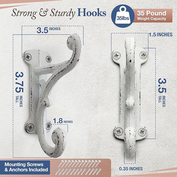 Rustic Cast Iron Coat Hooks Antique White, Wall Mounted, Farmhouse Decorative