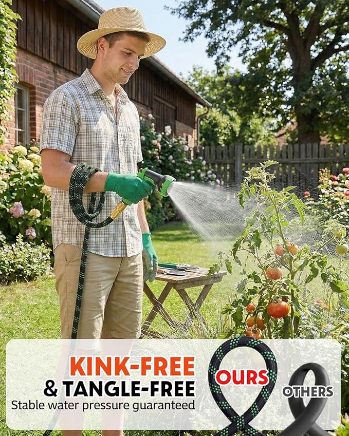 100ft Flexible Garden Hose, Lightweight Water Hose, NON-EXPANDABLE Garden Hose with 10 Function Sprayer Nozzle, Kink-Free Triple-Layer Composite Watering Hose for Yard, Lawn, Outdoor and Car Washing