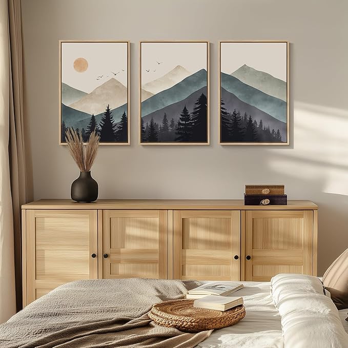 Cuspin Boho Framed Mountain Forest Landscape Wall Art, 3 Piece Bohemian Canvas Prints, Modern Nature Wall Art for Living Room, 3 Count, 16x24 Inch