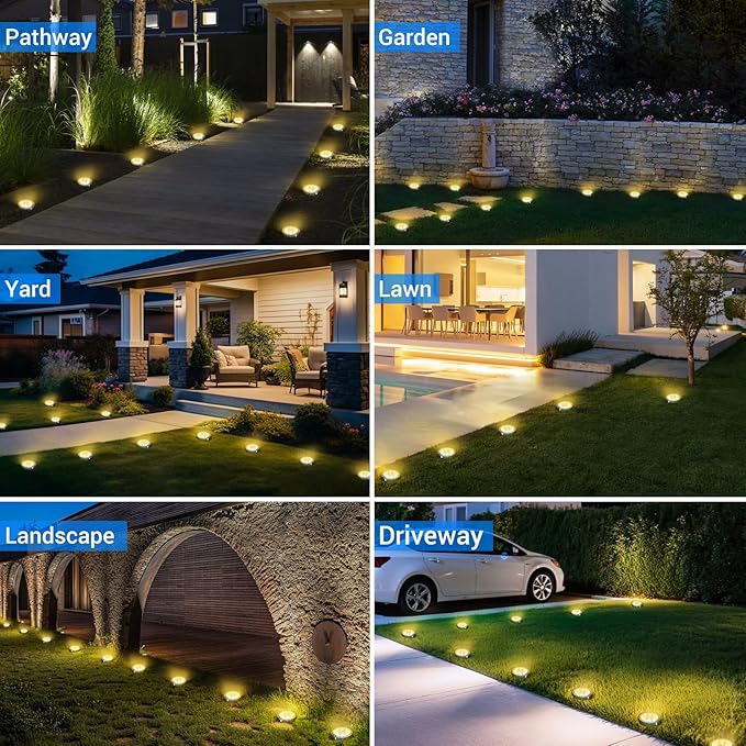 Peasur Solar Ground Lights Outdoor, 24 Pack Flat Solar Powered Disc Lights, IP68 Waterproof, Anti-Rust, Landscape Lighting for Pathway Garden Yard Lawn Walkway Landscape Driveway, Warm White