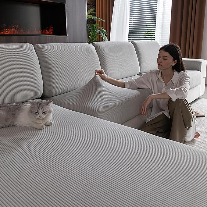 OHSIO Sectional Couch Covers, Wear Resistant Stretch Sofa Covers Washable Soft Couch Cushion Covers Anti Slip Furniture Protector Sofa Slipcovers for Pets (1 Piece Loveseat Cover, Light Gray)