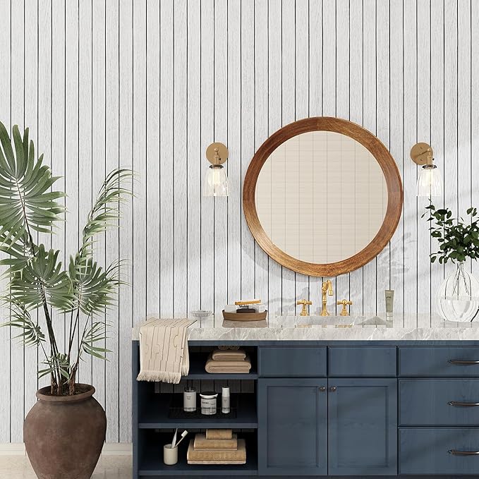 VEELIKE Whitewashed Oak Wood Wall Panel Peel and Stick Foam Slat Panels