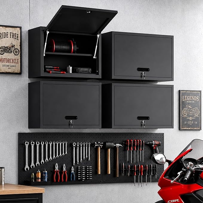Garage Wall Cabinet with Flip-Up Door and Shelf, Lockable Metal Storage Cabinet