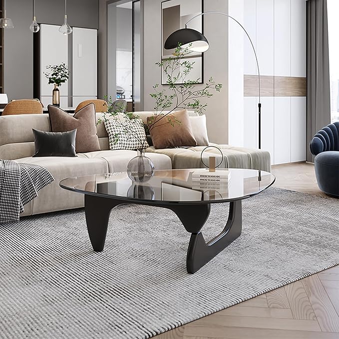 EASYSOUL Modern Glass Coffee Table, 44.88" D x 32.28" W x 15.75" H, Abstract Round Tea Tables for Living Room Home Office Industrial Cocktail Tables (Black-Clear Glass, 44.88")