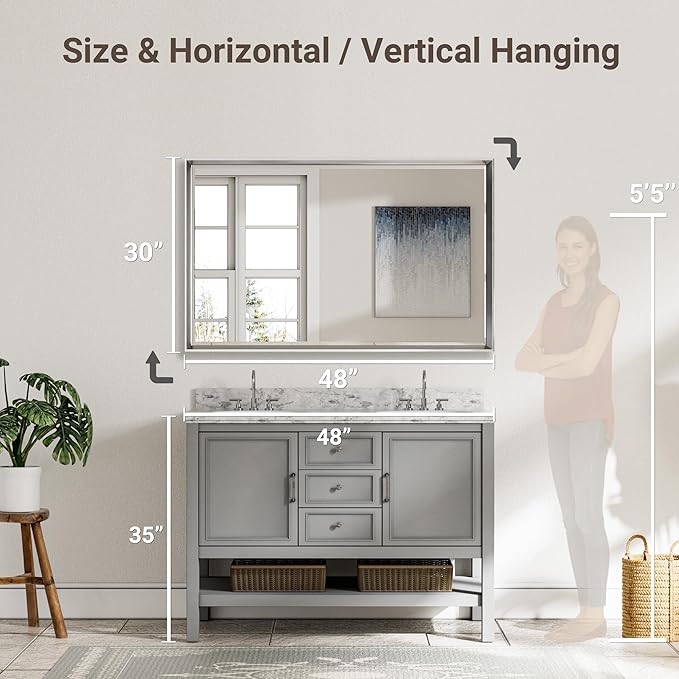 48 x 30 Beveled Bathroom Mirror, Shatterproof Rectangle Mirror, Metal Framed