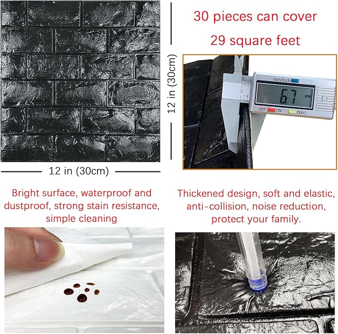 30PCS 3D Wall Panels Peel and Stick Faux Brick Wallpaper Black Self Adhesive