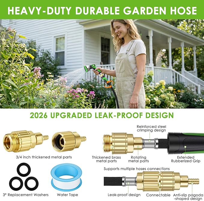Garden Hose 100 ft, Non-Expandable Ultra-Lightweight Flexible Hose with 360° Dual-End Anti-Kink Design, 10-Pattern Spray Nozzle, 500 PSI Leak-Proof, 96-Strand Braided Fabric, Storage Strap