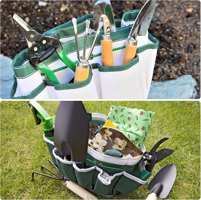 HARFINGTON Garden Tool Bag 11.2" x 5" x 11" Large Oxford Waterproof with Pockets Garden Tote Bag Gardening Plant Tool Organizer Storage Carrier Store for Outdoor Women Men, Green