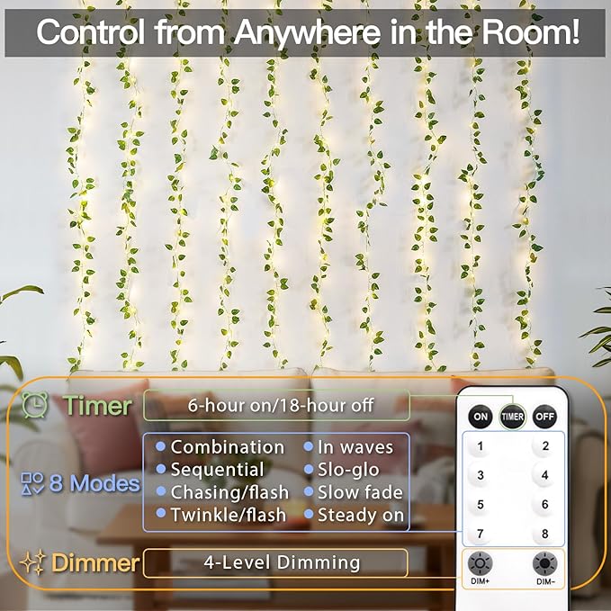 suddus 300 LED Vines with Lights Plug in, 9.8ft x 9.8ft Fairy Lights with Vines