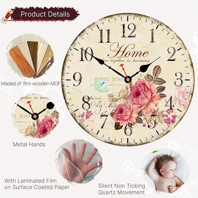 VIKMARI 14 Inch Wooden Wall Clock Art Hanging Clocks Silent Non-Ticking Wall