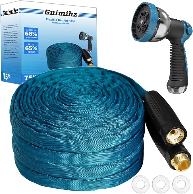 Garden Hose 75ft, Made of TPE(Not PVC), Ultra-Light & Flexible Water Hose with Solid Brass Fittings, Non-Shrinking, Easy to Storage, Drinking Water Safe Material, All-weather, SeaBlue