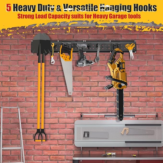 Heavy Duty Garage Wall Tool Organizer – Wall Mounted Storage Rack with Hooks & Panels – Tool Storage System for Garage, Workshop & Garden – Adjustable Hook Positions
