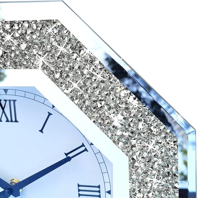 Wall Clock, Octagon Mirror Glass Clock, Cute Diamond 20-inch Non-Ticking Clock
