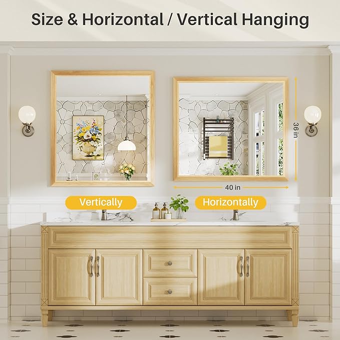 40x36 Inch Bathroom Mirror for Wall, Anti-Rust Oak Wood Grain Metal Framed