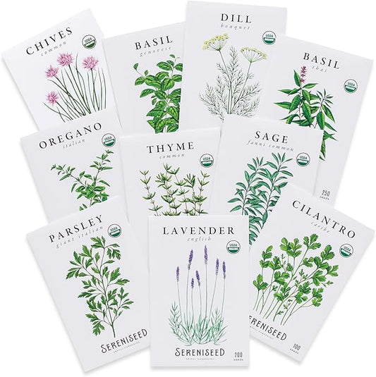 Sereniseed Certified Organic Herb Seeds (10-Pack) â Non GMO, Heirloom â Seed Starting Video - Basil, Cilantro, Oregano, Thyme, Parsley, Lavender, Chives, Sage, Dill Seeds for Indoor & Outdoor Planting